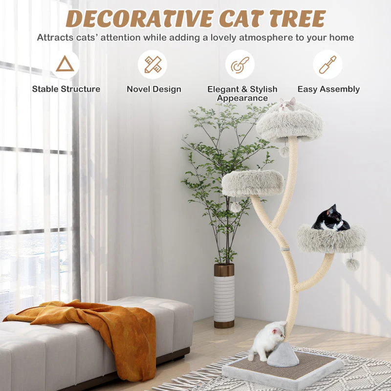 70" Tall Metal Cat Tree Tower with 3 Plush Perches & Sisal Scratching Posts - Image 10