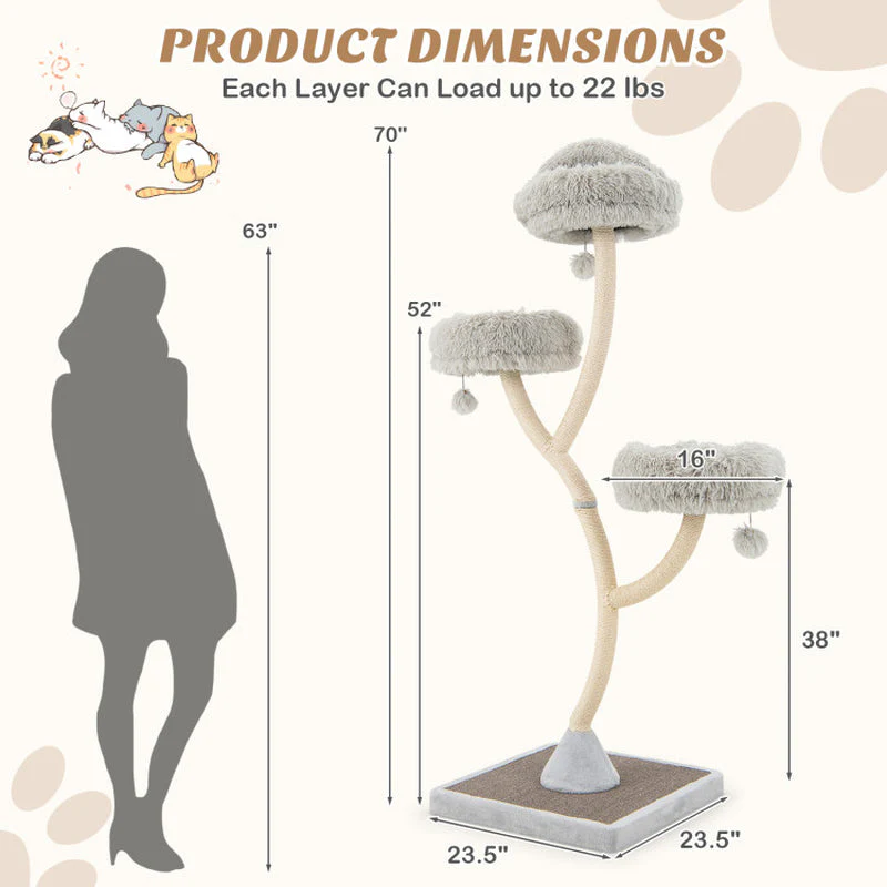 70" Tall Metal Cat Tree Tower with 3 Plush Perches & Sisal Scratching Posts - Image 5