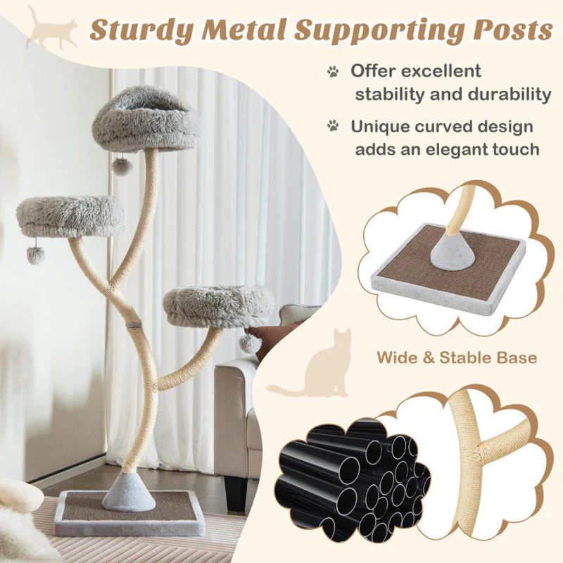 70" Tall Metal Cat Tree Tower with 3 Plush Perches & Sisal Scratching Posts - Image 6