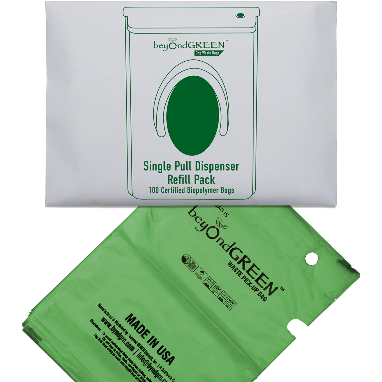 beyondGREEN Dog Waste Bags – Single-Pull Dispenser Refill Pack – Made in USA, Leak-Resistant, One-At-A-Time Dispensing (100 Bags per Pack)