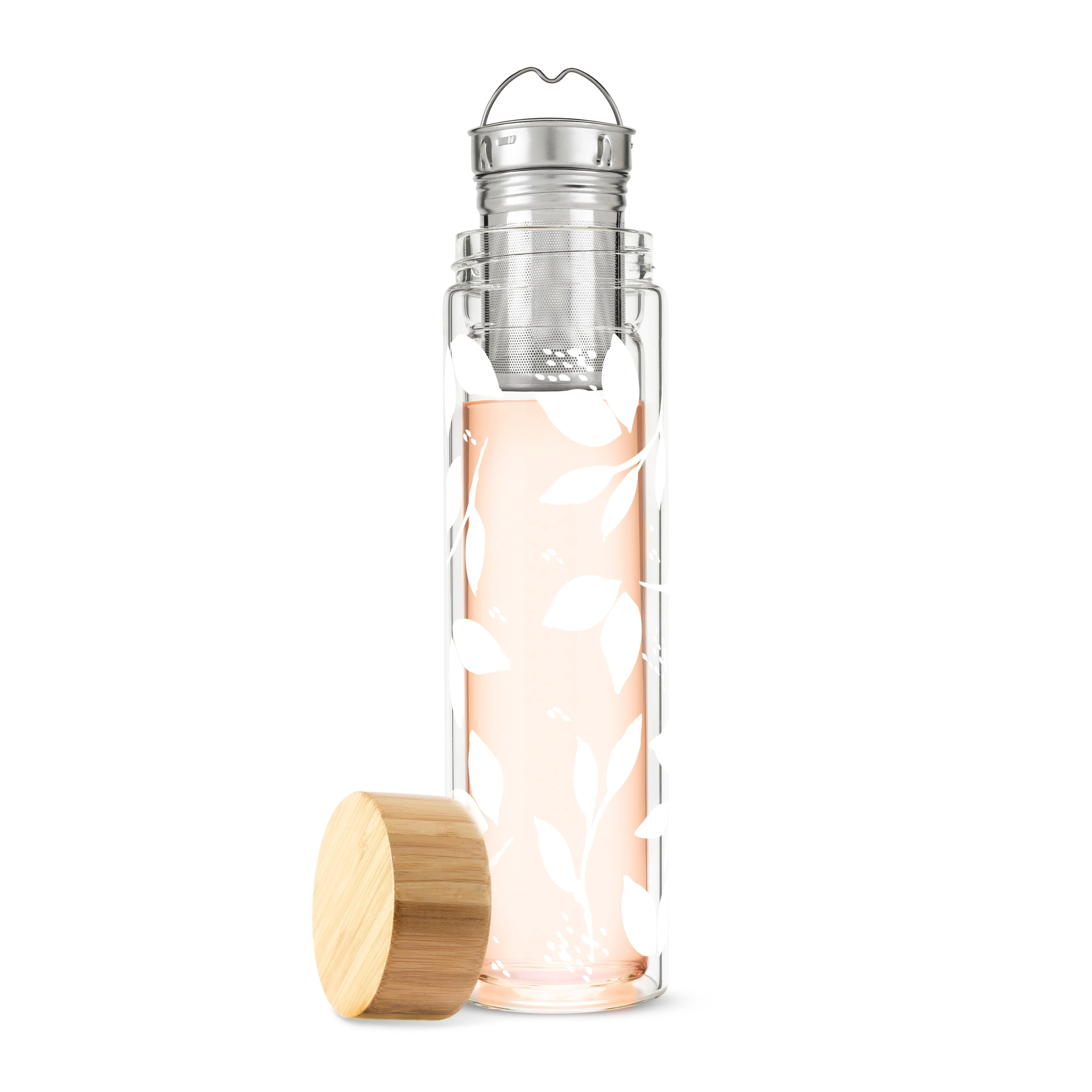 Blair: White Leaf Pattern Glass Travel Infuser Mug - Image 4