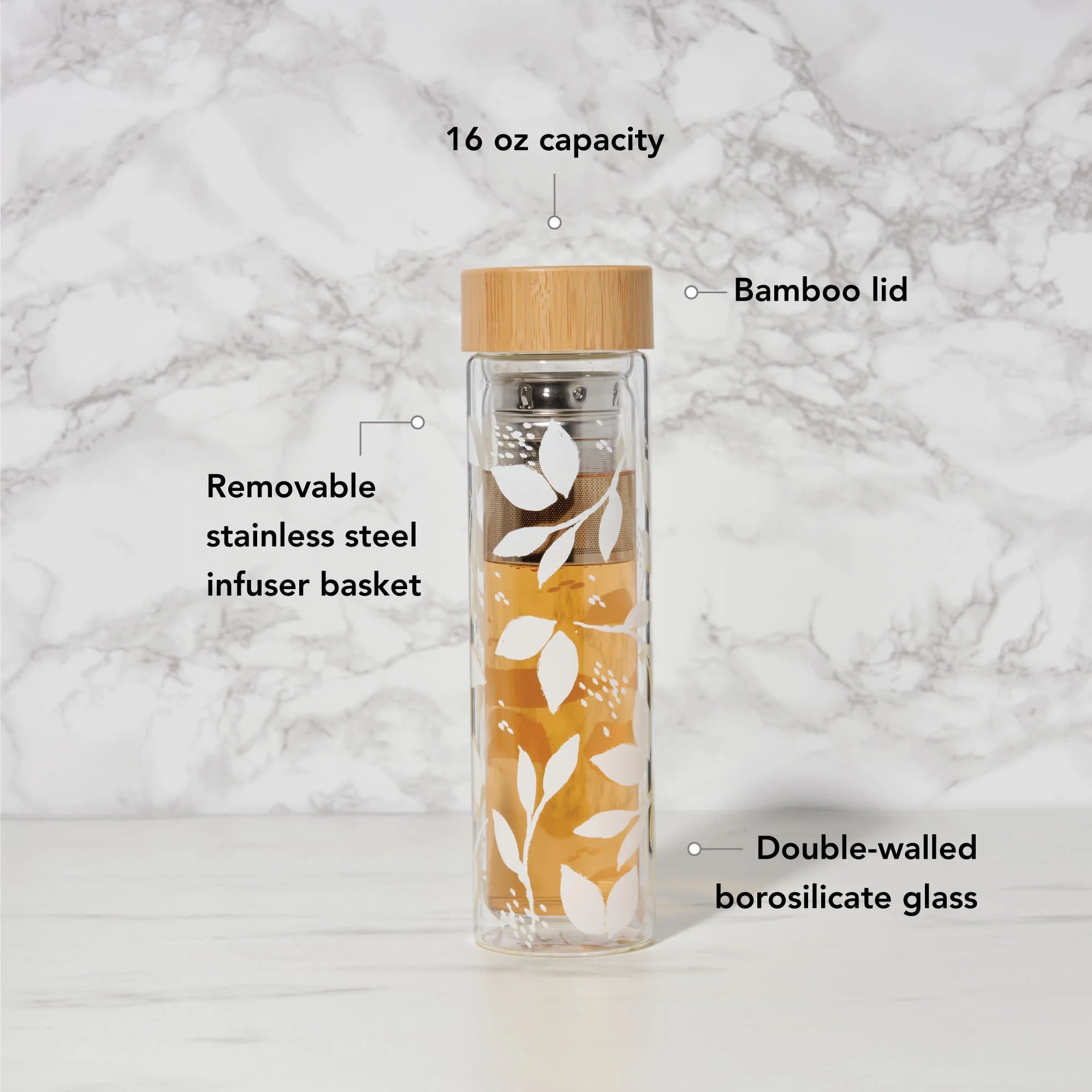 Blair: White Leaf Pattern Glass Travel Infuser Mug - Image 5