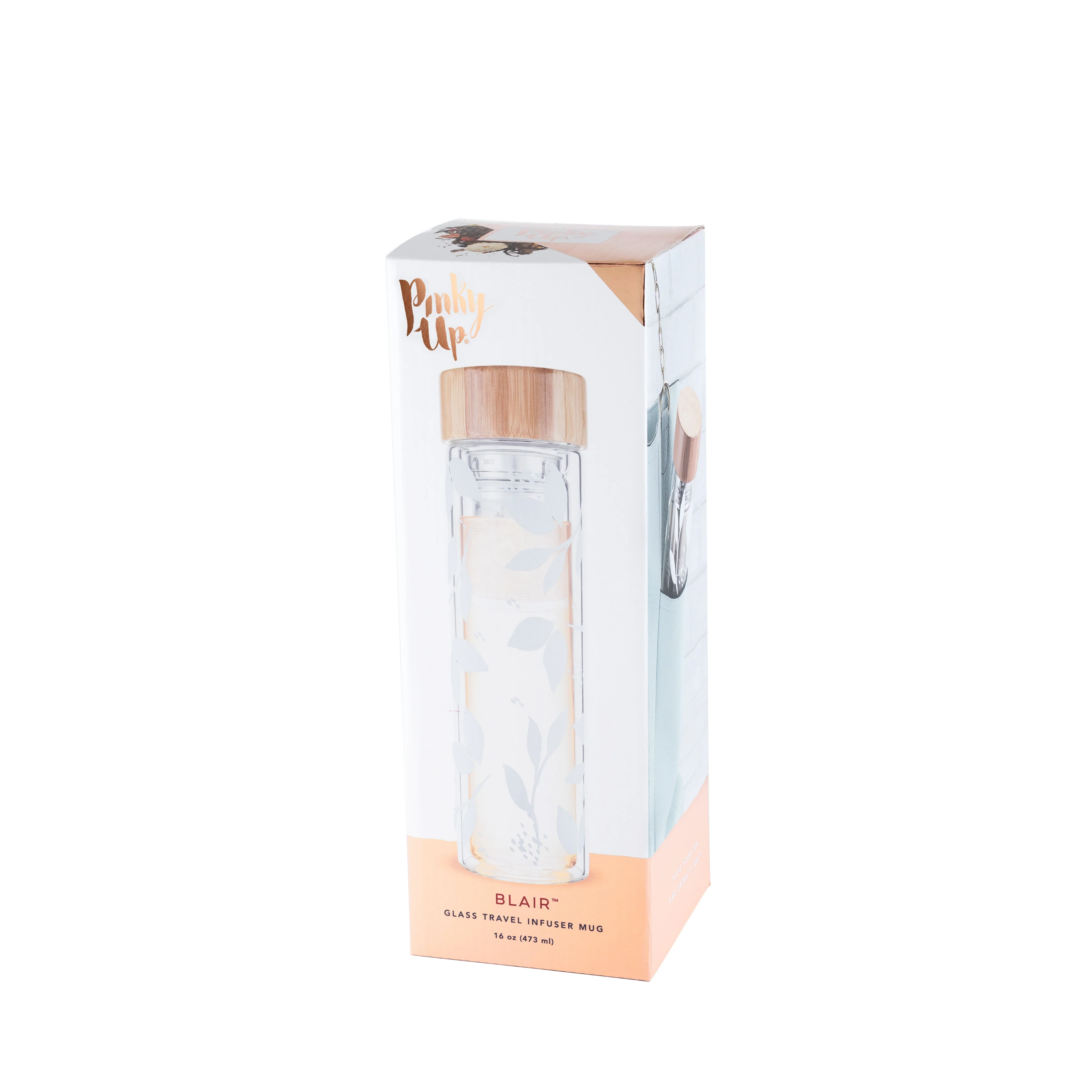 Blair: White Leaf Pattern Glass Travel Infuser Mug - Image 6