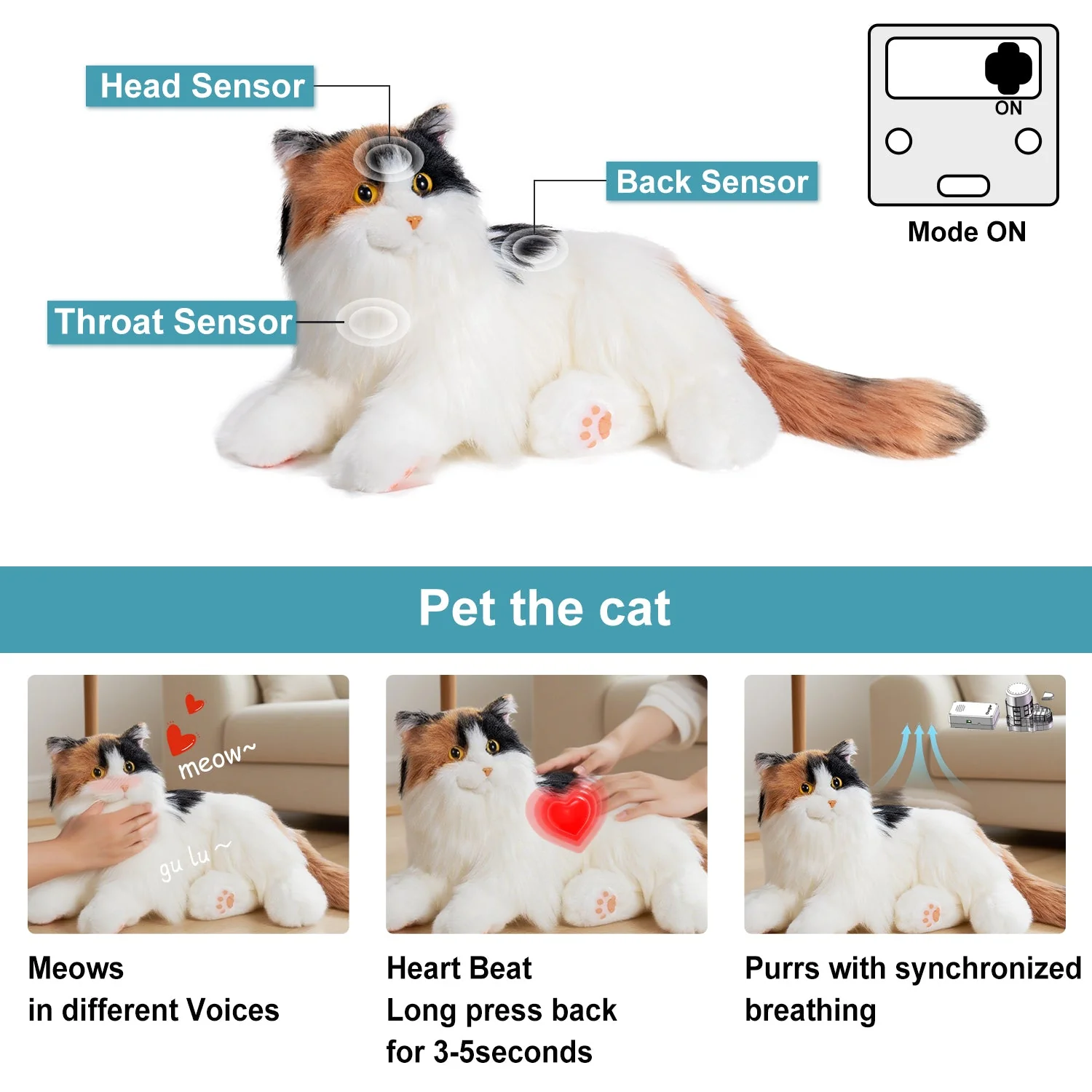 Breathing Calico Percy 2.0- Heartbeat Pur,Voice Robonic Cat - Image 4