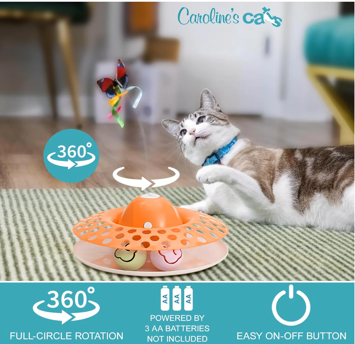 Caroline's Cats Automatic Butterfly Cat Toy – Interactive 2 in 1 with Auto Shut Off & Catnip Ball Track; Recommended Electric Exercise & Enrichment Game - Image 4