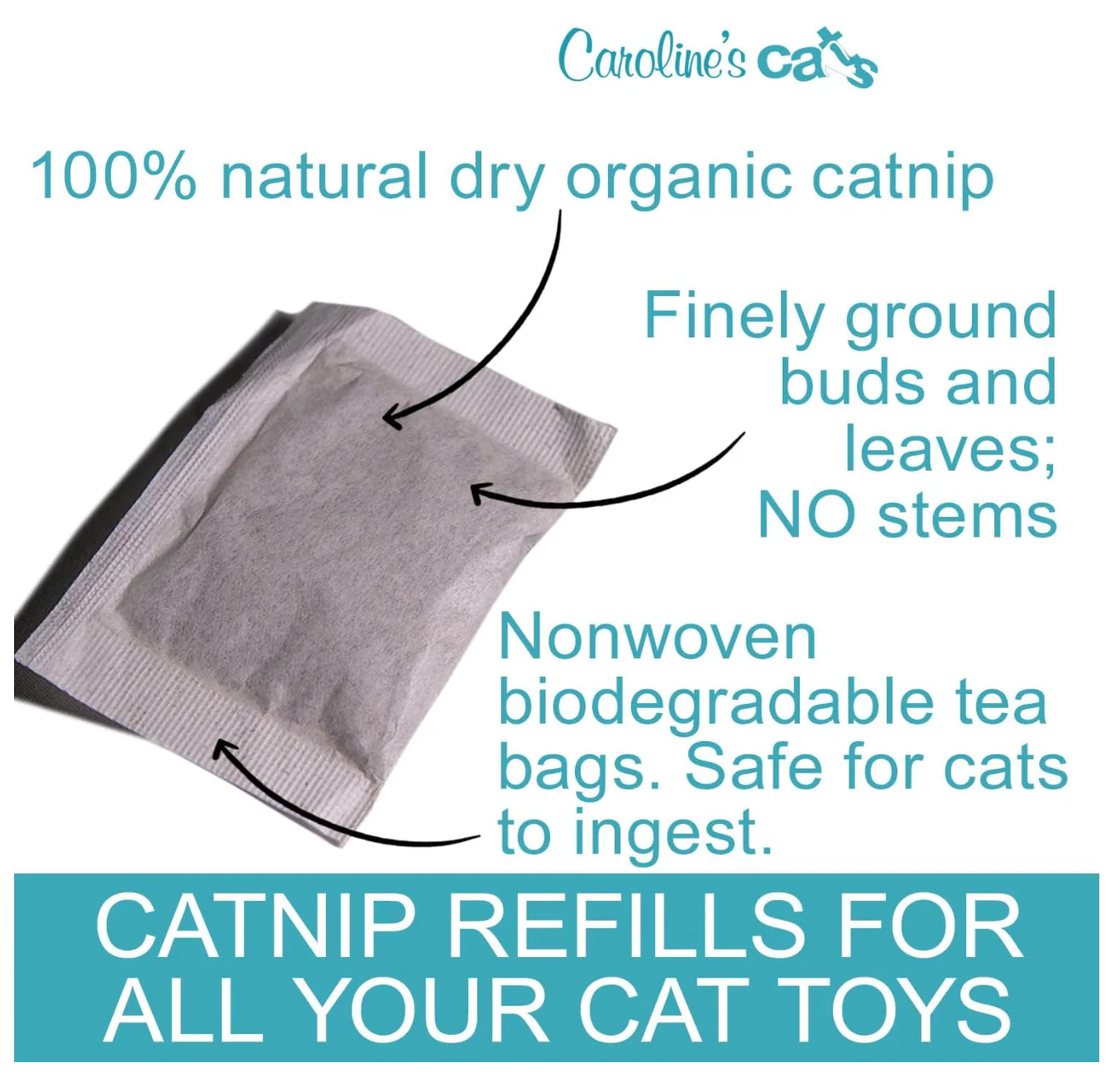 Caroline's Cats Organic Catnip Packets for Cat Toys – Refill Pouches for Flapping Bird, Flopping Fish, and More, 10 Tea Bags - Image 2