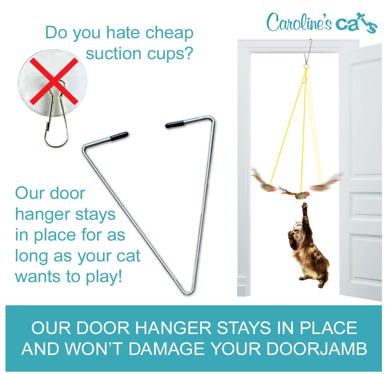 Caroline's Cats Plush Chirping Bird Cat Toy on Elastic String with Doorway Hanger - No Flimsy Suction Cups; Real Electronic Avian Sounds - Image 2