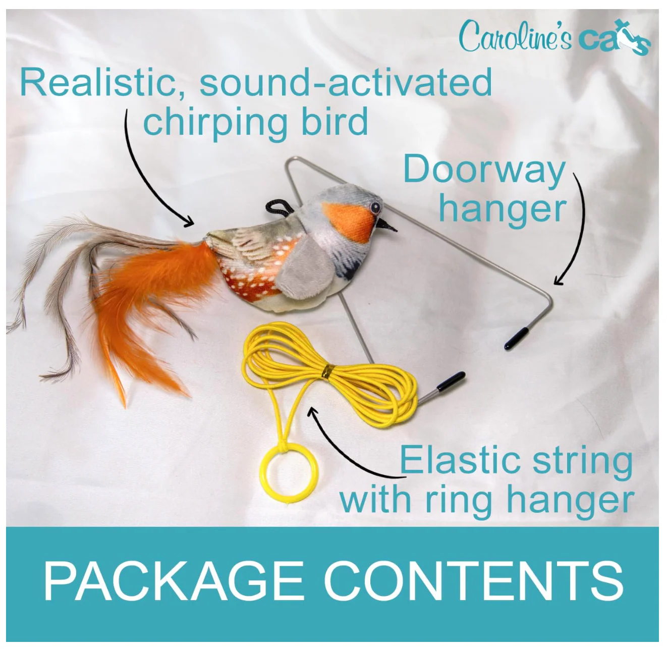 Caroline's Cats Plush Chirping Bird Cat Toy on Elastic String with Doorway Hanger - No Flimsy Suction Cups; Real Electronic Avian Sounds - Image 4