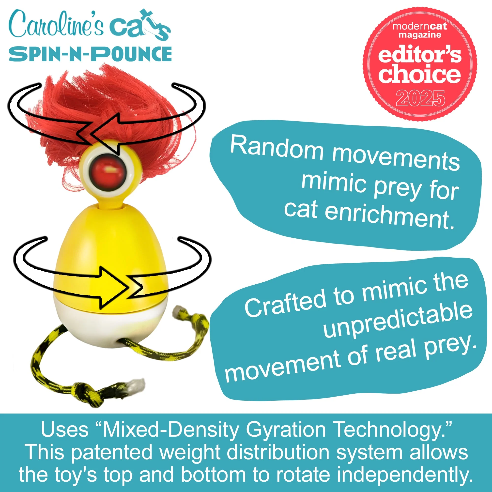 Caroline's Cats Spin-N-Pounce Rechargeable Automatic Interactive Indoor Dancing Cat Toy; Touch Sensor & Auto Shut Off, 360° Rotation, Silent Motor, LED Light, Simulates Prey for Hunting & Exercise - Image 2