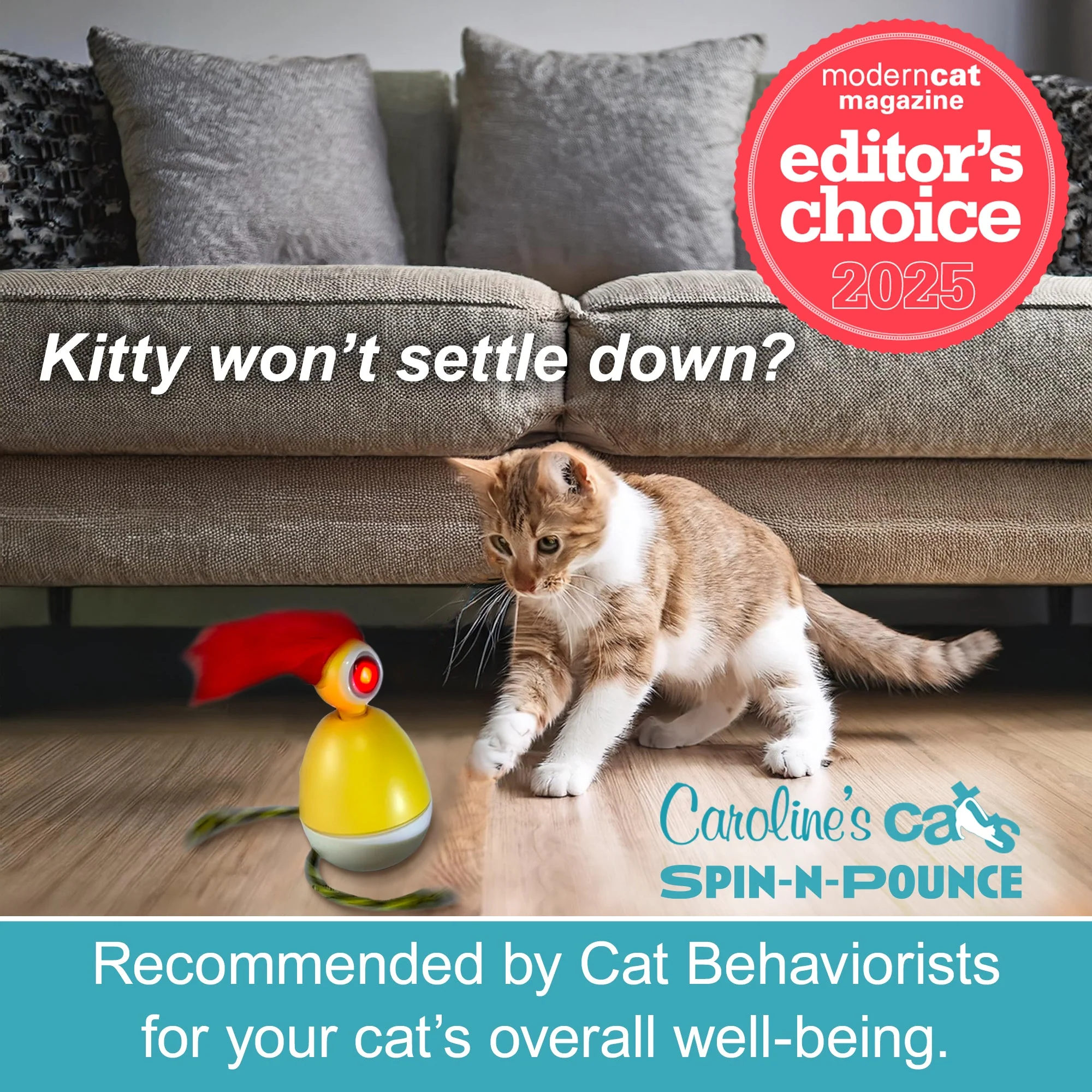 Caroline's Cats Spin-N-Pounce Rechargeable Automatic Interactive Indoor Dancing Cat Toy; Touch Sensor & Auto Shut Off, 360° Rotation, Silent Motor, LED Light, Simulates Prey for Hunting & Exercise - Image 4