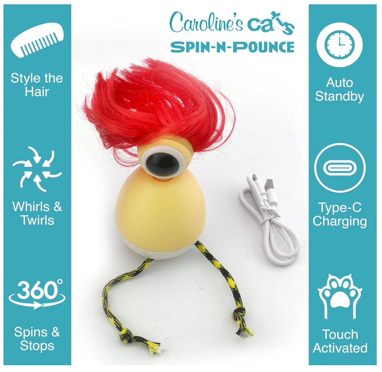 Caroline's Cats Spin-N-Pounce Rechargeable Automatic Interactive Indoor Dancing Cat Toy; Touch Sensor & Auto Shut Off, 360° Rotation, Silent Motor, LED Light, Simulates Prey for Hunting & Exercise - Image 7