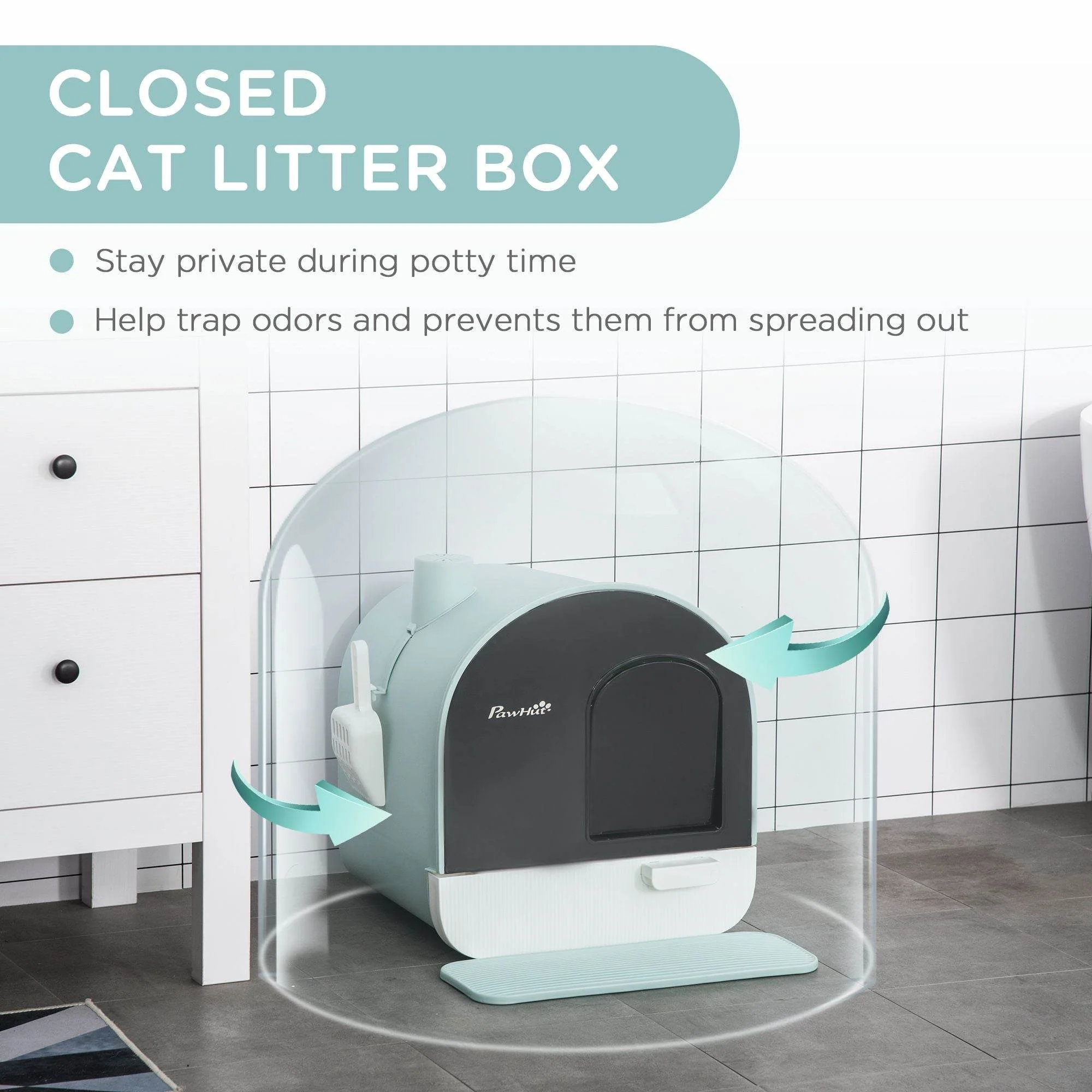Covered Cat Litter Box with Odor Filter - Complete Privacy Kit with Tray, Scoop & Mat | Green Hooded Litter House - Image 5