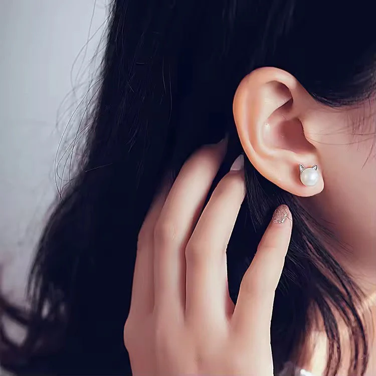Dainty Pearl Earrings with Cat Ears