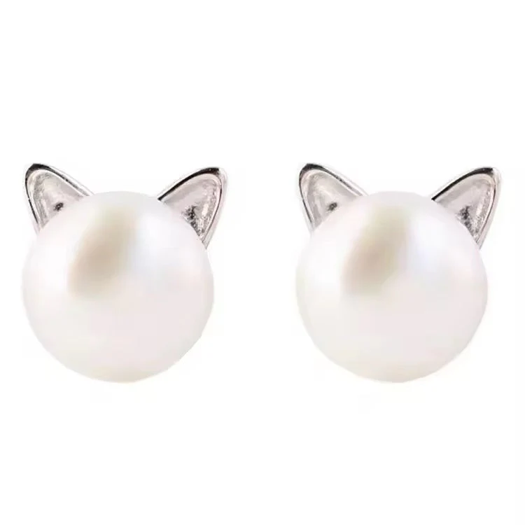 Dainty Pearl Earrings with Cat Ears - Image 2