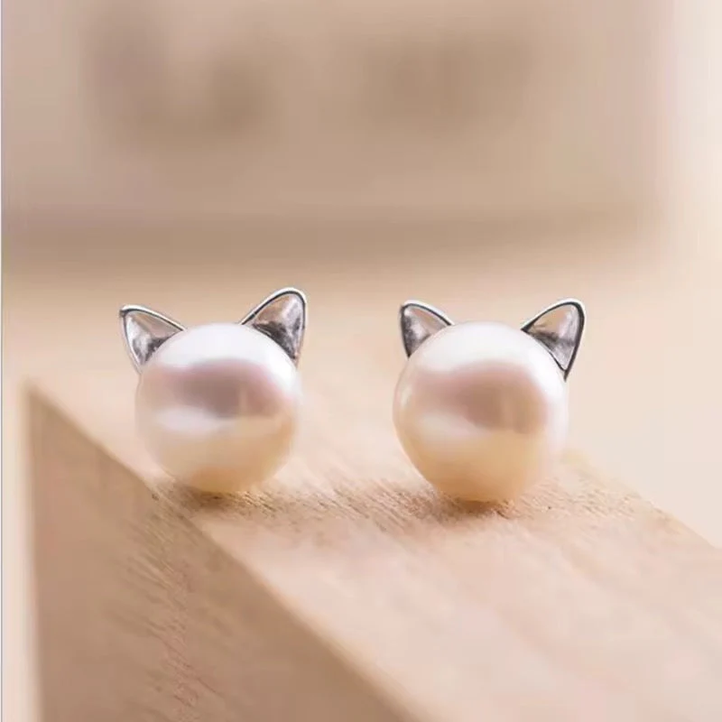 Dainty Pearl Earrings with Cat Ears - Image 3