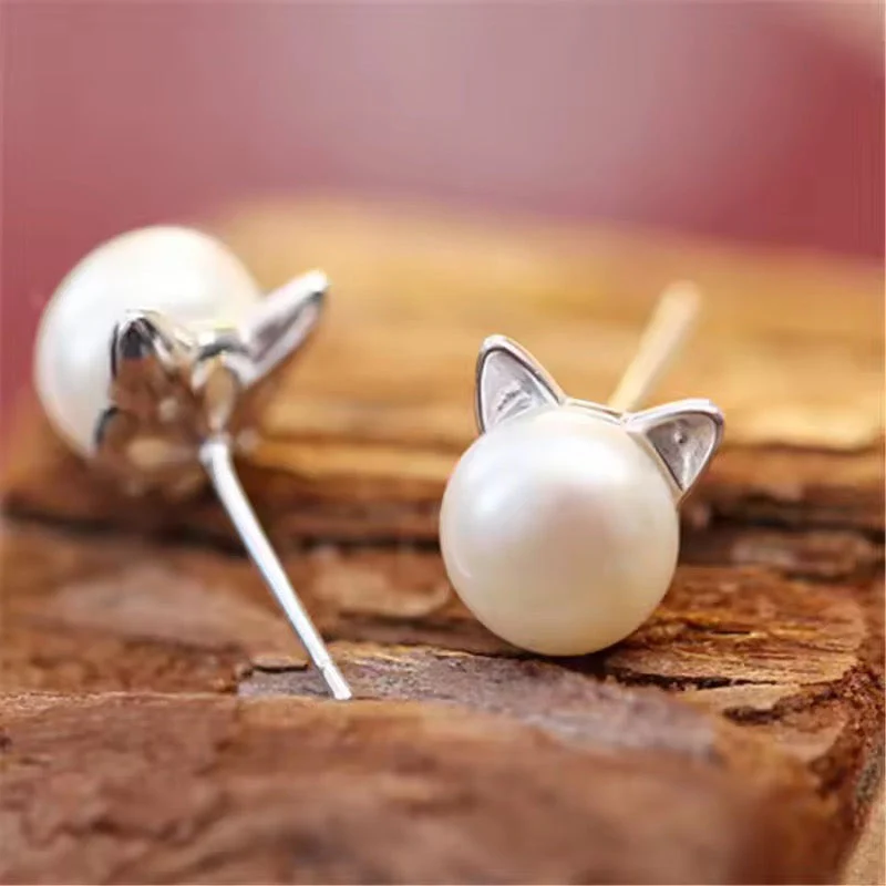 Dainty Pearl Earrings with Cat Ears - Image 5