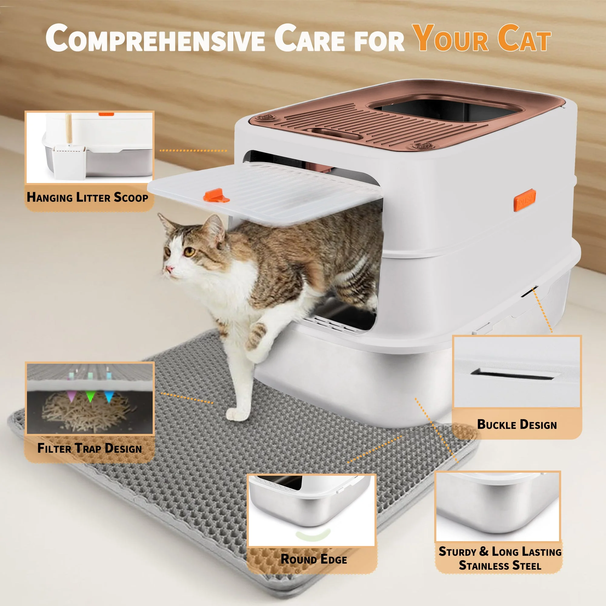 Go Fresh - Cat Litter Box - 2 Entries Hooded Cat Litter Box With Stainless Steel Base - Image 13