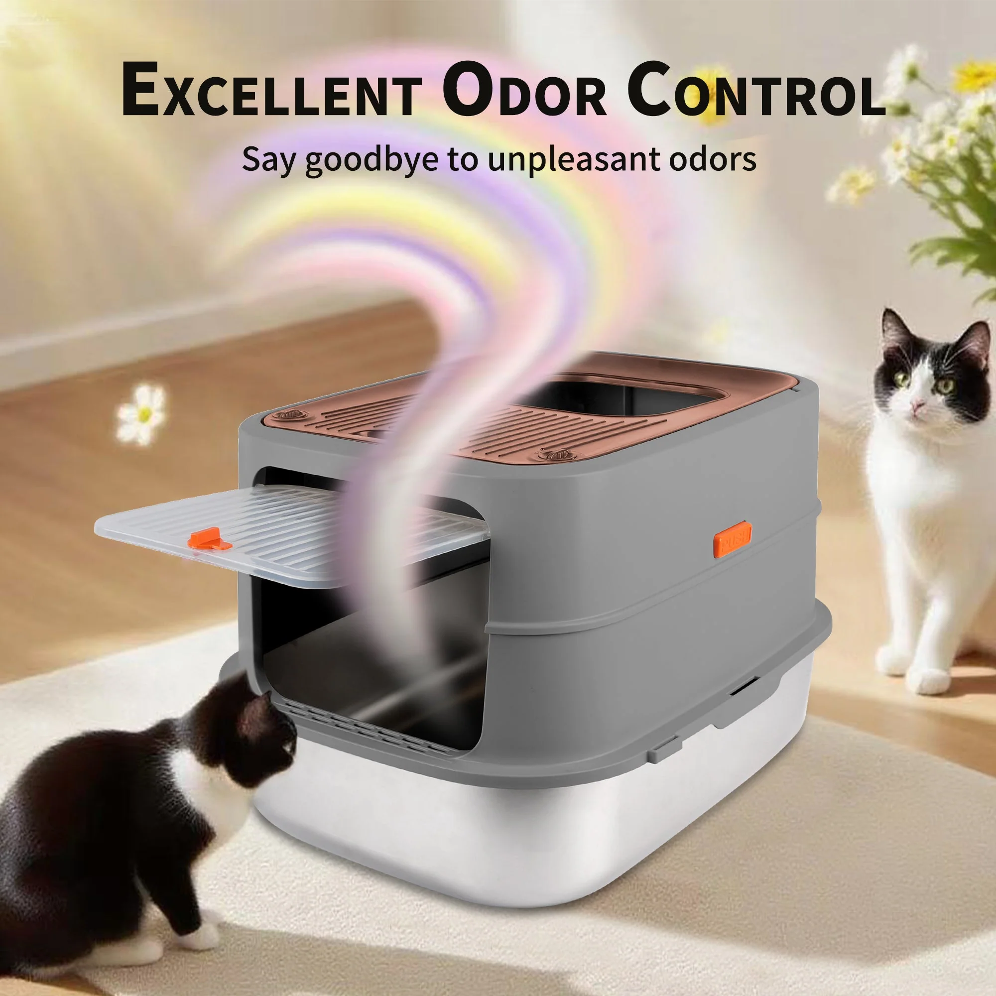 Go Fresh - Cat Litter Box - 2 Entries Hooded Cat Litter Box With Stainless Steel Base - Image 4