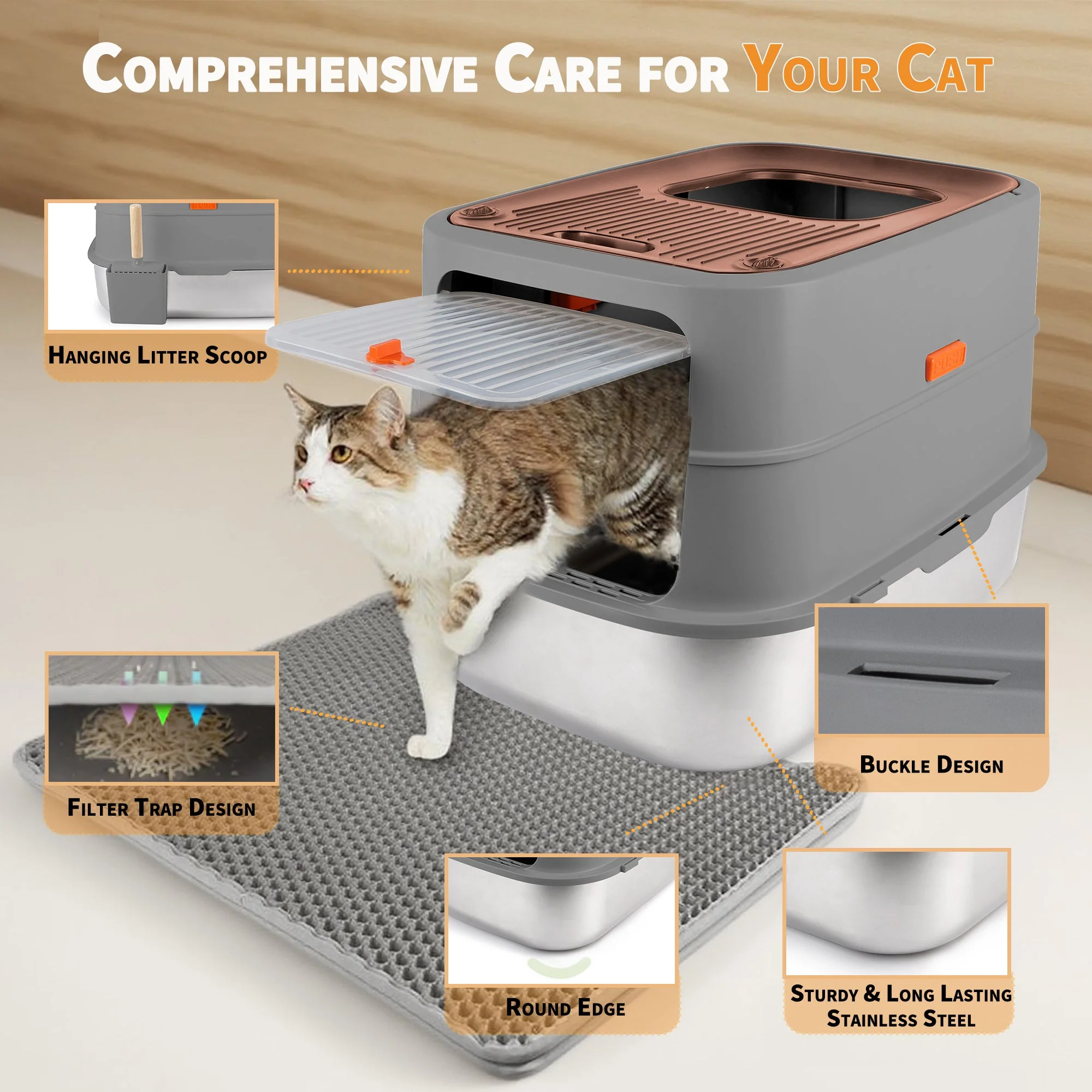 Go Fresh - Cat Litter Box - 2 Entries Hooded Cat Litter Box With Stainless Steel Base - Image 6