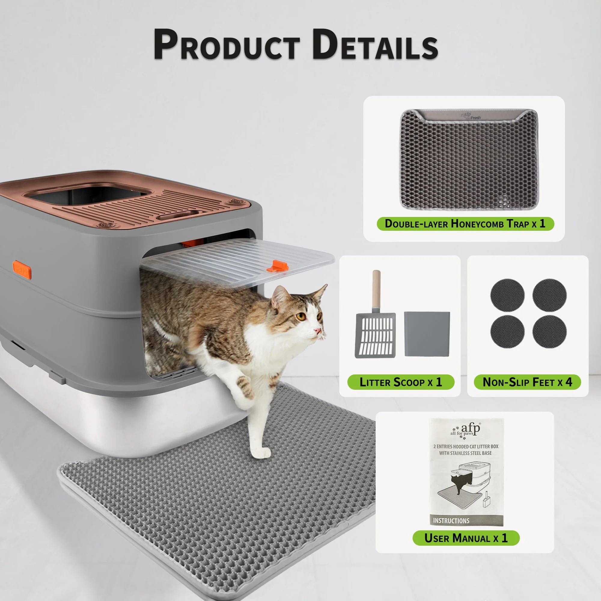 Go Fresh - Cat Litter Box - 2 Entries Hooded Cat Litter Box With Stainless Steel Base - Image 7