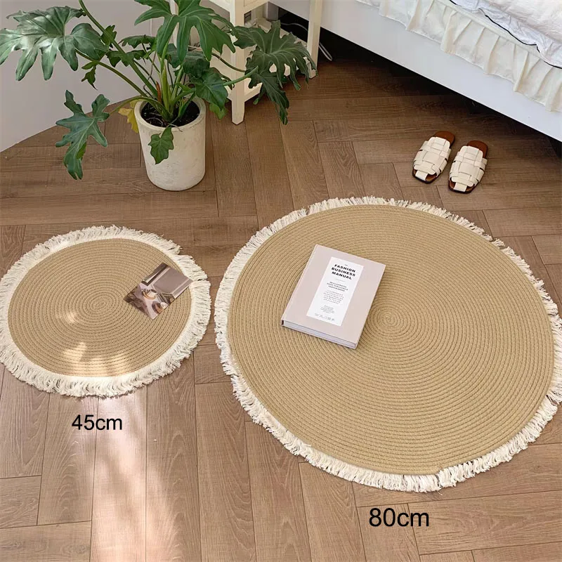 Handmade Rattan Woven Rug – Vintage Jute Round Carpet with Tassel - Image 5