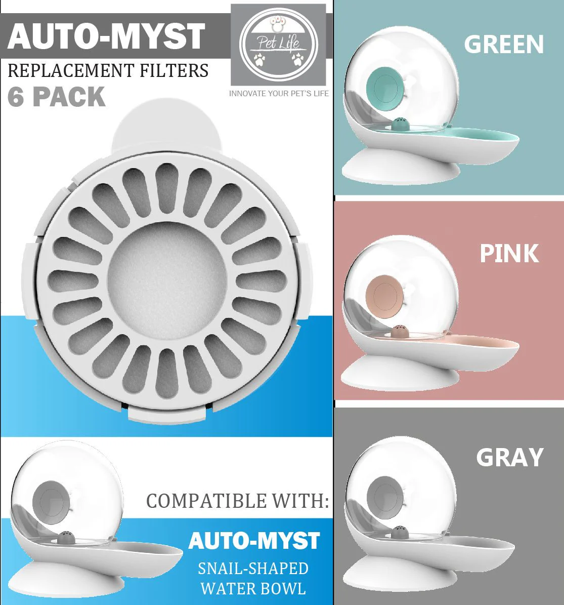 Pet Life ® 'Auto-Myst' 2-in-1 Filtered Water Dispenser and Food Bowl - Replacement Filters - 6 Pack - Image 2
