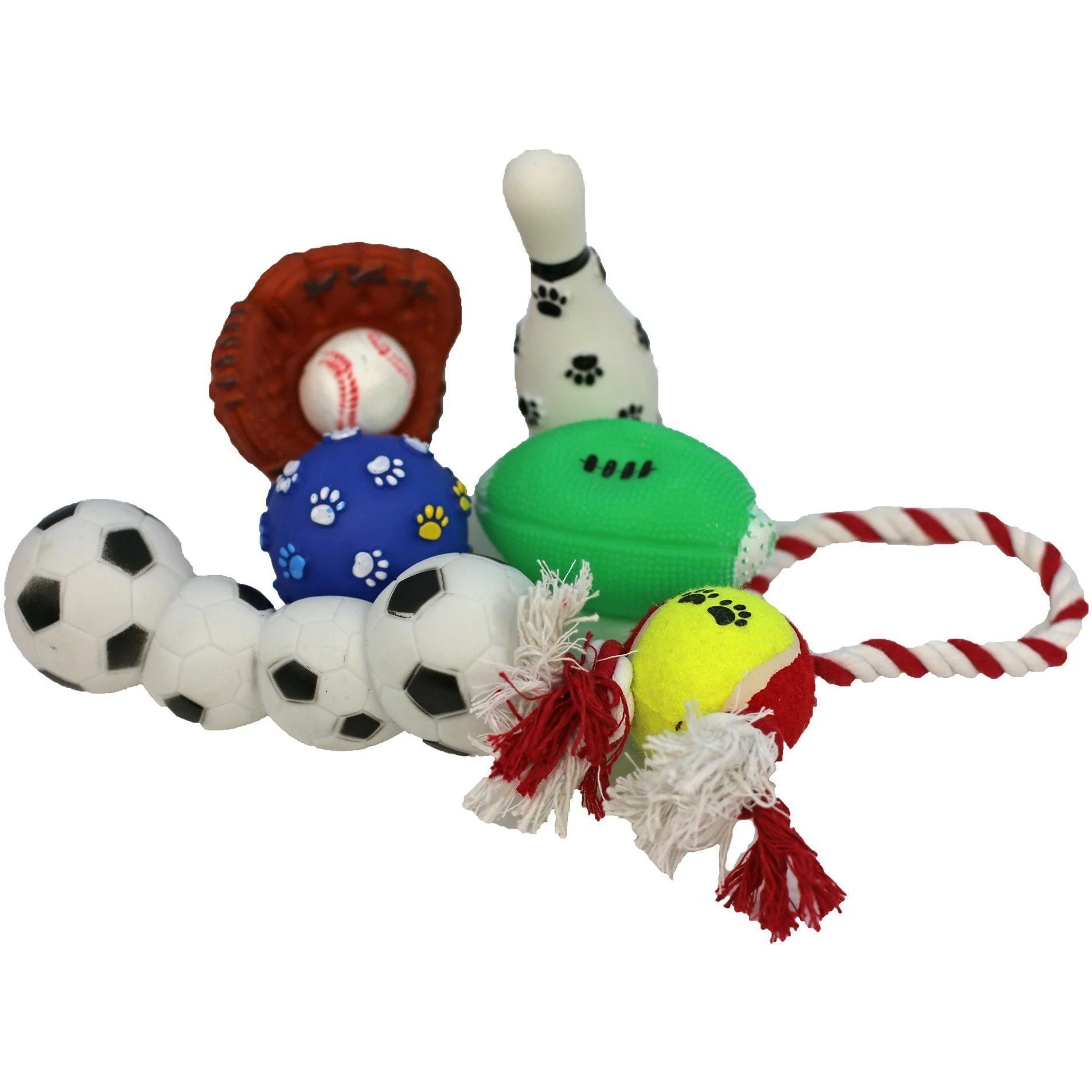 Pet Life ® 'Sport Themed' 7 Piece Jute Rope and Rubberized Squeak Chew Pet Dog Toy Gift Set - Image 2