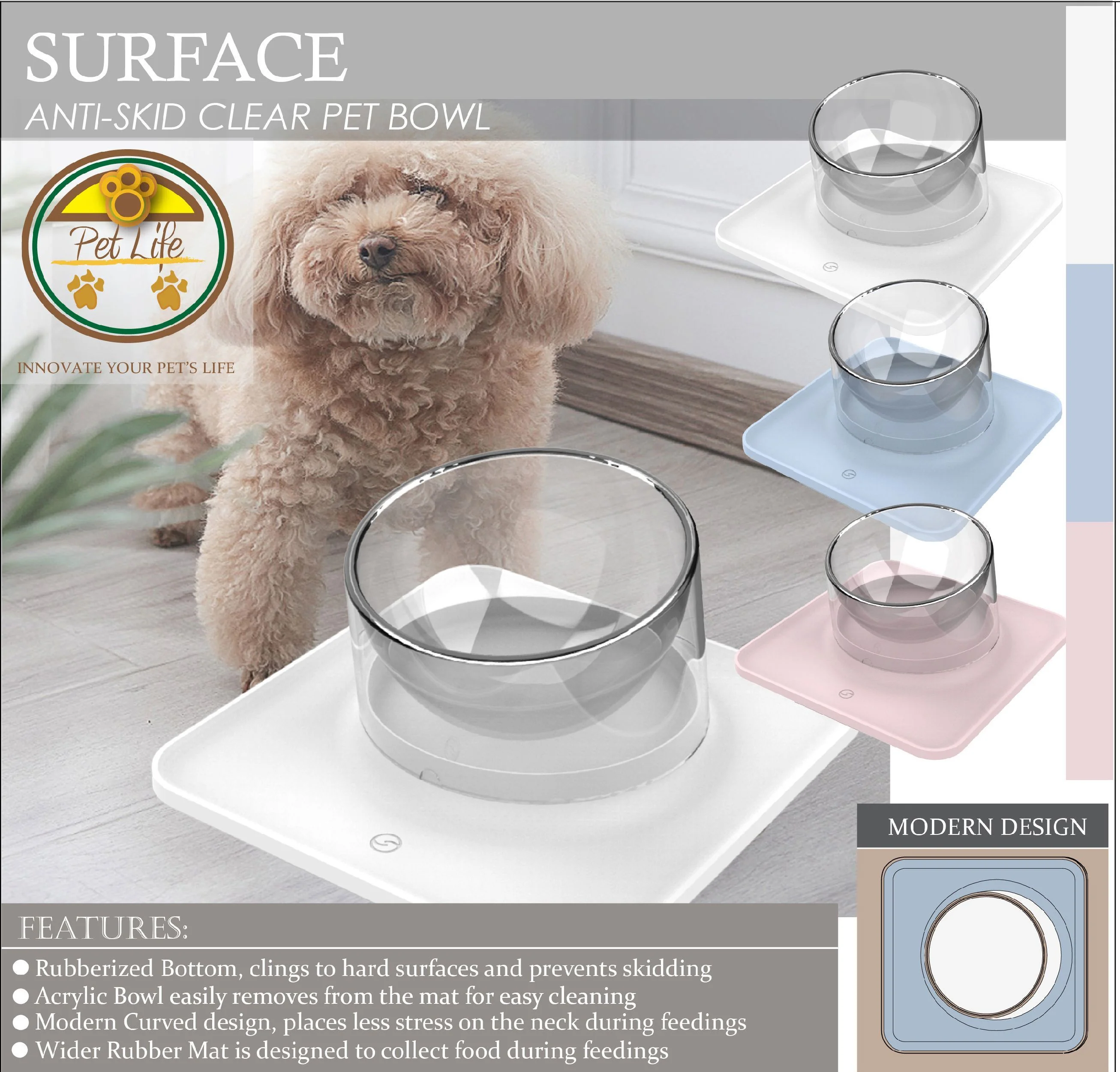Pet Life ® 'Surface' Anti-Skid and Anti-Spill Curved and Clear Removable Pet Bowl - Image 3