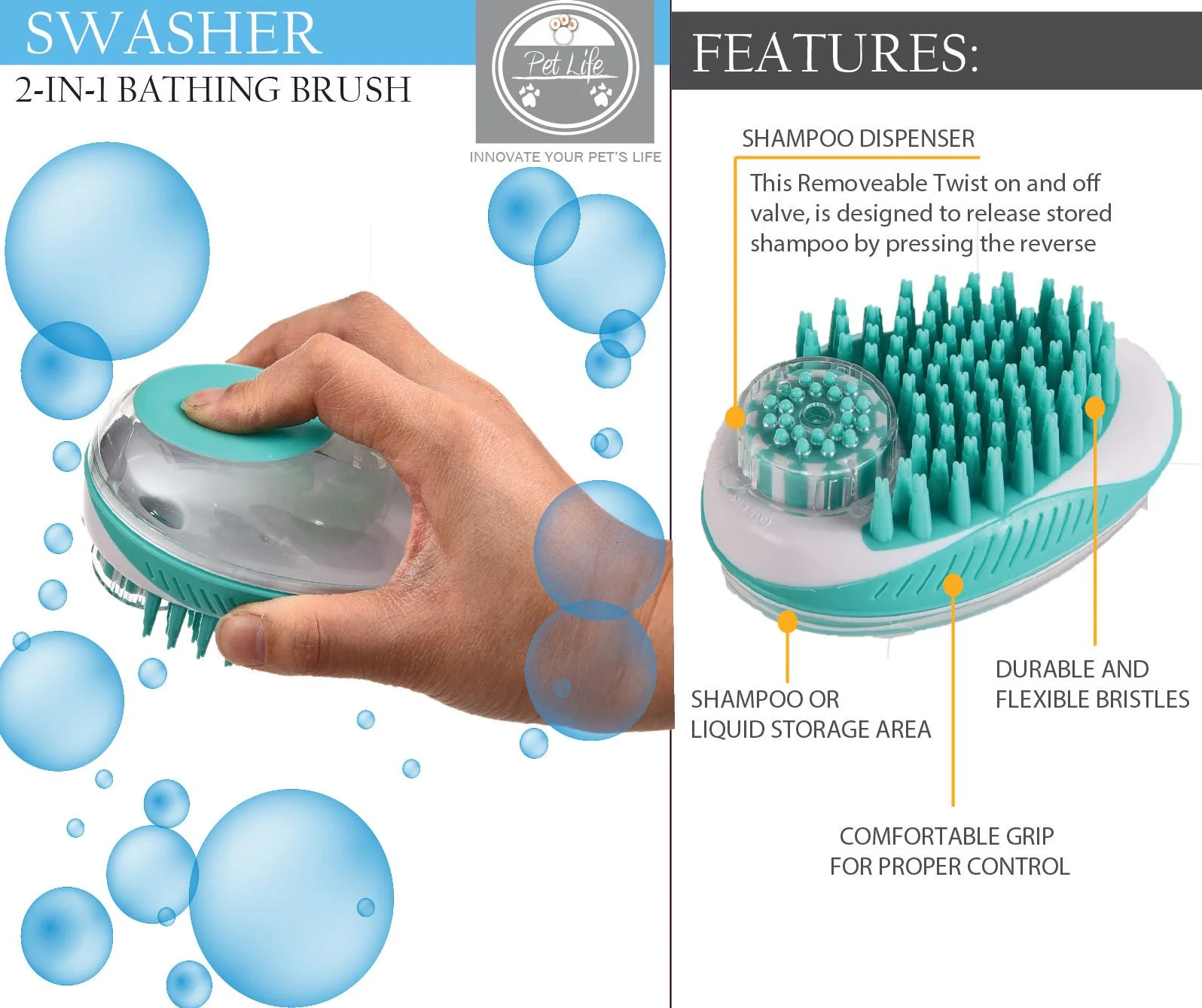 Pet Life ® 'Swasher' Shampoo Dispensing Massage and Bathing Brush - Image 5
