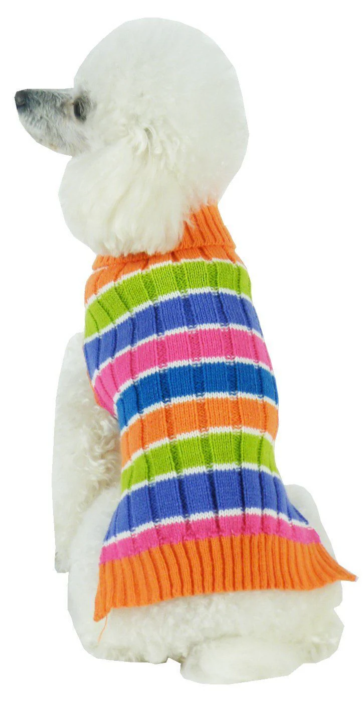 Pet Life ® 'Tutti-Beauty' Rainbow Heavy Cable Knitted Ribbed Designer Turtle Neck Dog Sweater - Image 2