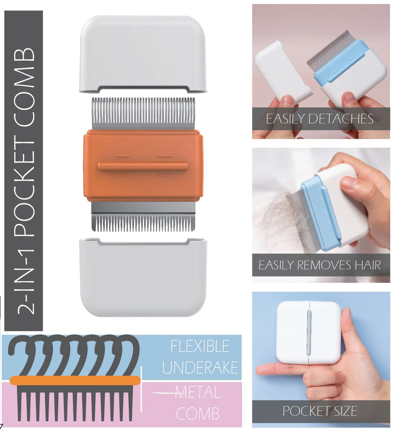 Pet Life ® 'Zipocket' 2-in-1 Underake and Stainless Steel Travel Grooming Pet Comb - Image 3