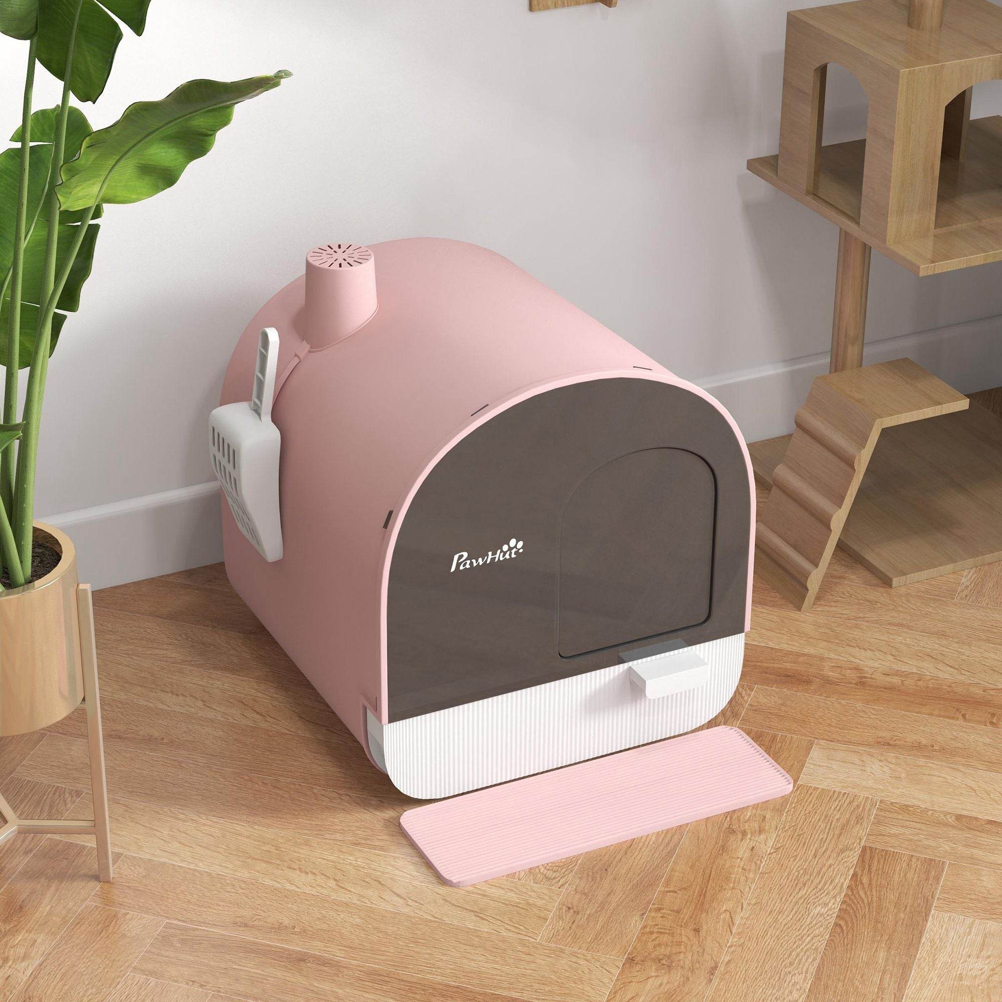 Pink Covered Cat Litter Box with Odor Filter - Complete Privacy Kit with Tray, Scoop & Mat | Compact Hooded Litter House - Image 9