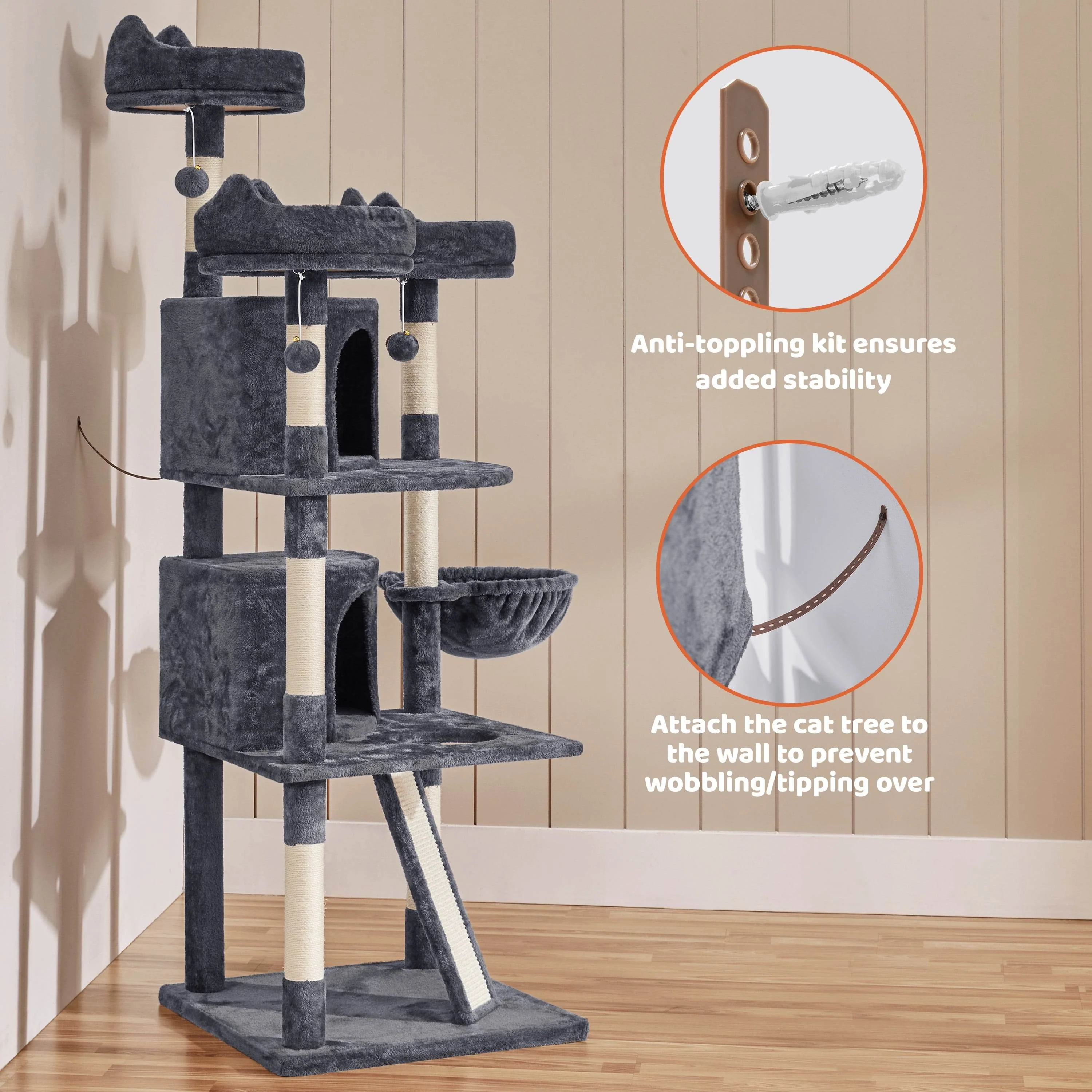 Renwick 69in Large Cat Tree Tower with Condos & Scratching Board - Dark Gray - Image 8