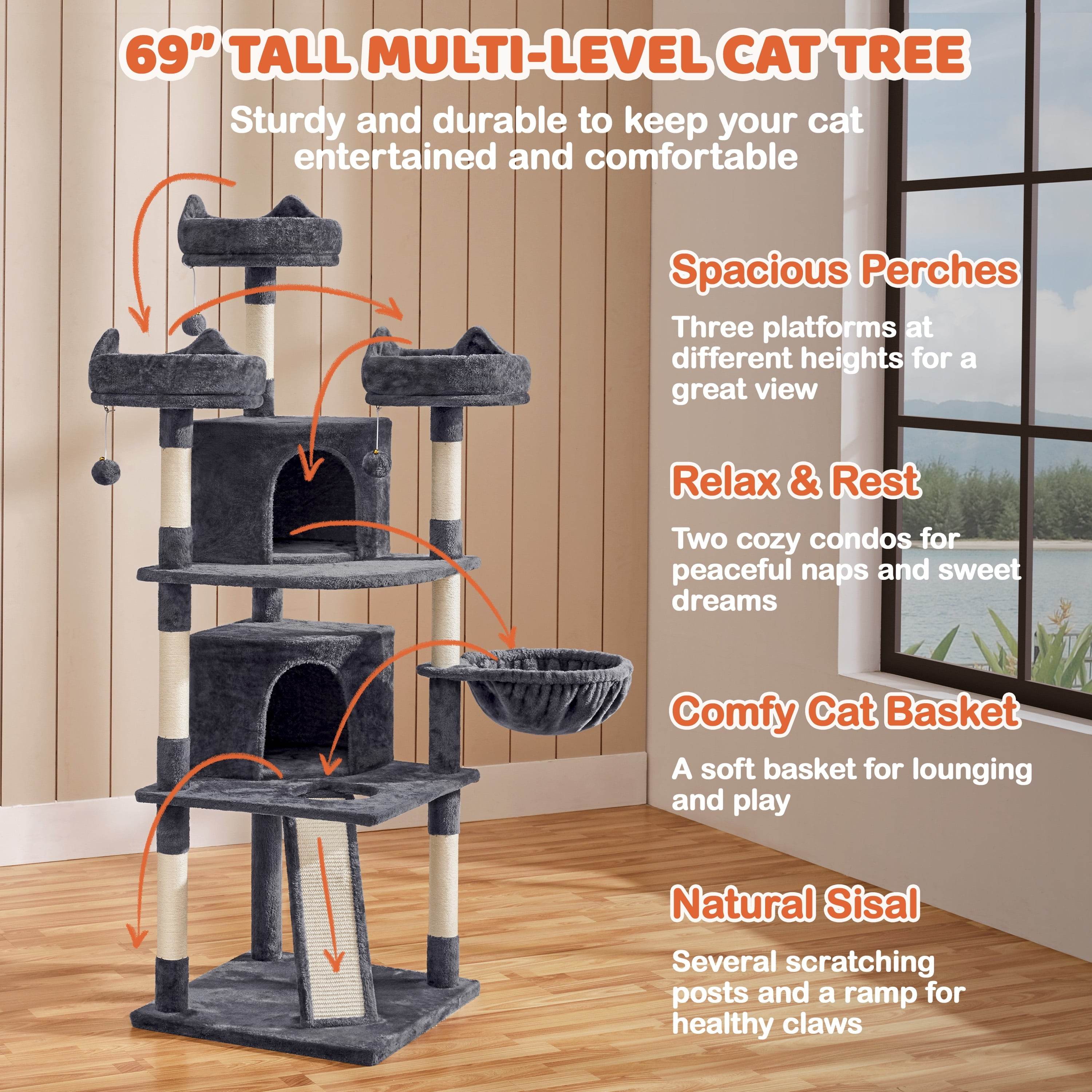 Renwick 69in Large Cat Tree Tower with Condos & Scratching Board - Dark Gray - Image 9