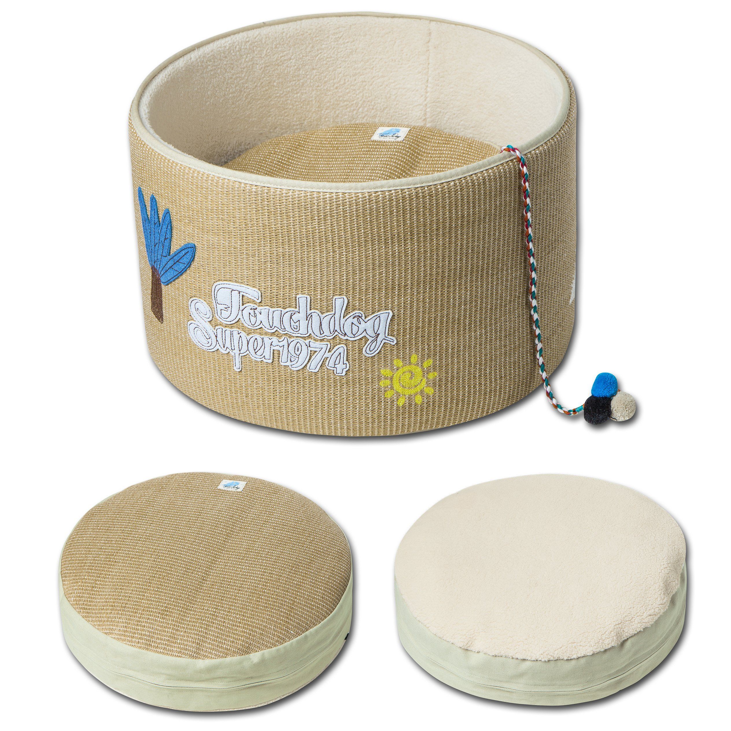Touchcat 'Claw-ver Nest' Rounded Scratching Cat Bed w/ Teaser Toy - Image 2