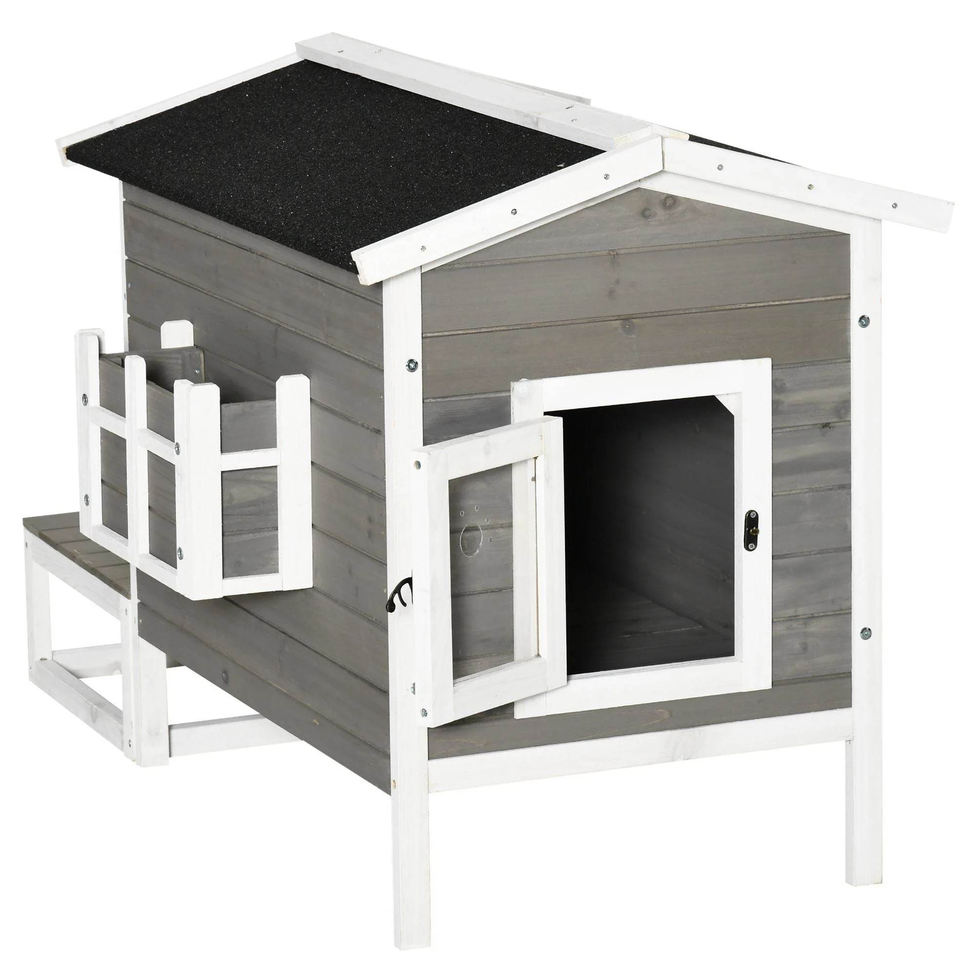 Weatherproof Outdoor Cat House with Porch & Escape Door - Feral Cat Shelter with Plant Stand | Dark Grey/White Wood Construction - Image 11