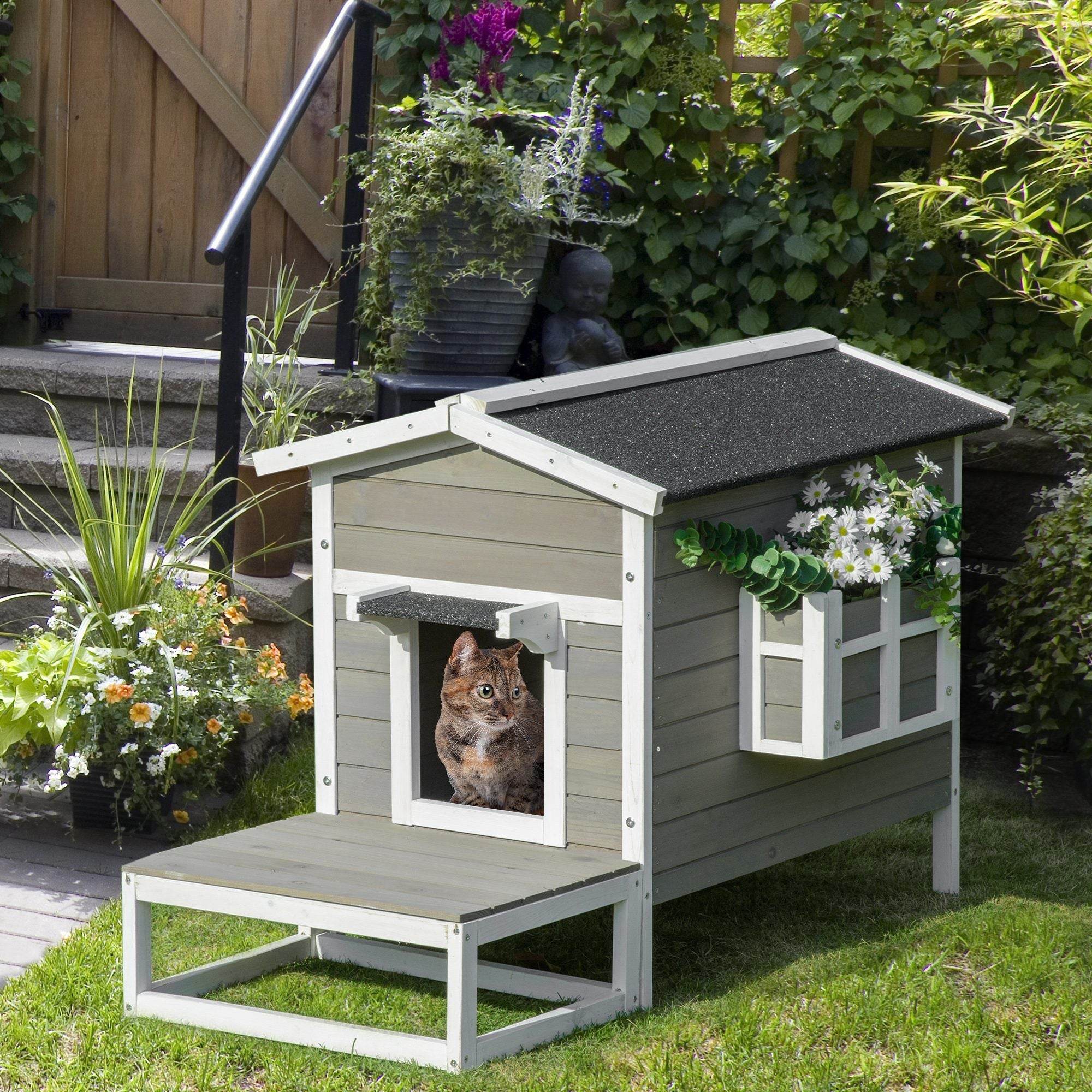 Weatherproof Outdoor Cat House with Porch & Escape Door - Feral Cat Shelter with Plant Stand | Dark Grey/White Wood Construction - Image 2