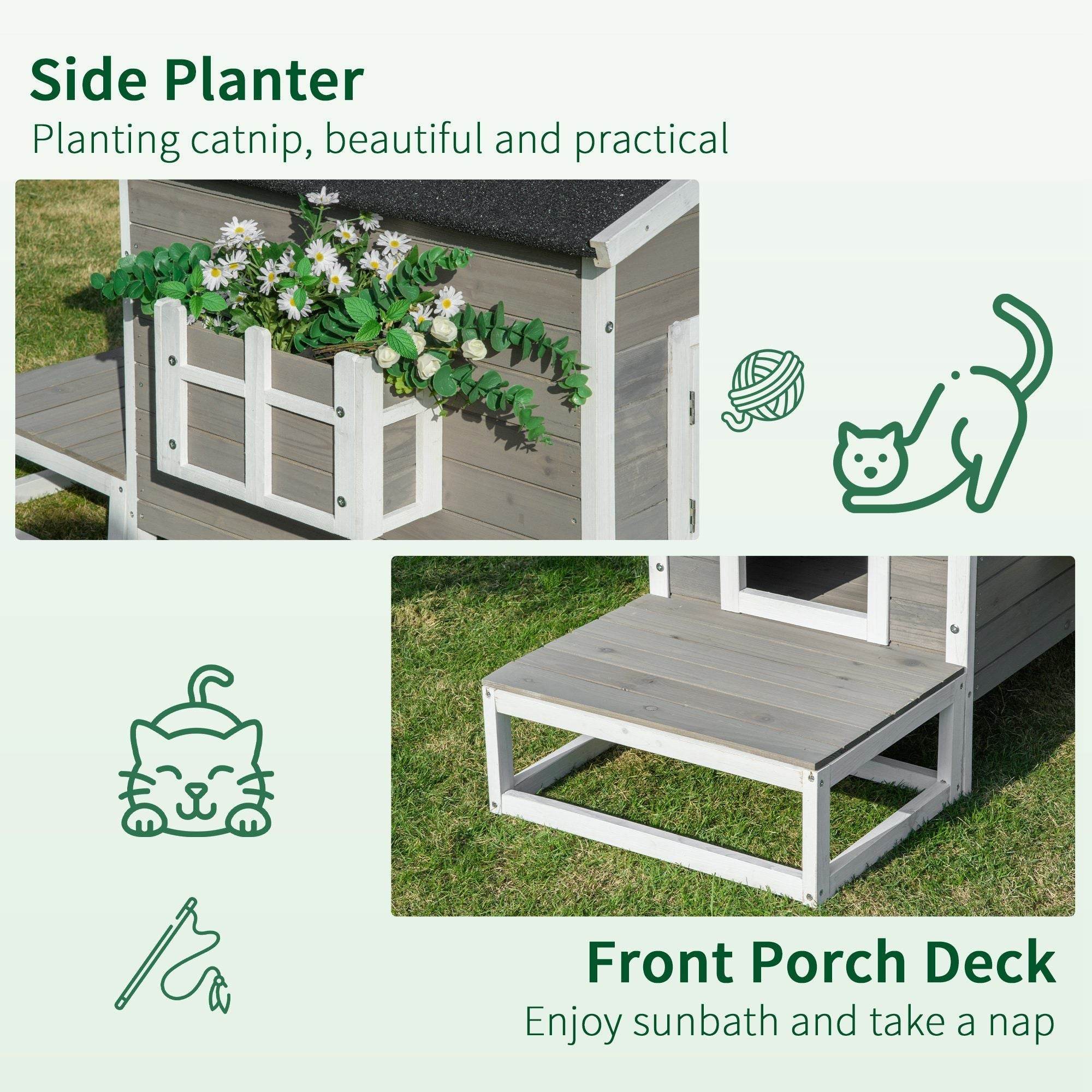 Weatherproof Outdoor Cat House with Porch & Escape Door - Feral Cat Shelter with Plant Stand | Dark Grey/White Wood Construction - Image 6