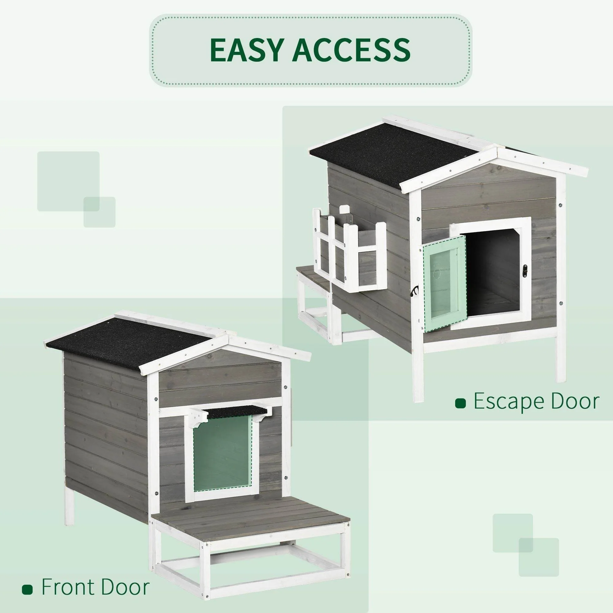 Weatherproof Outdoor Cat House with Porch & Escape Door - Feral Cat Shelter with Plant Stand | Dark Grey/White Wood Construction - Image 7