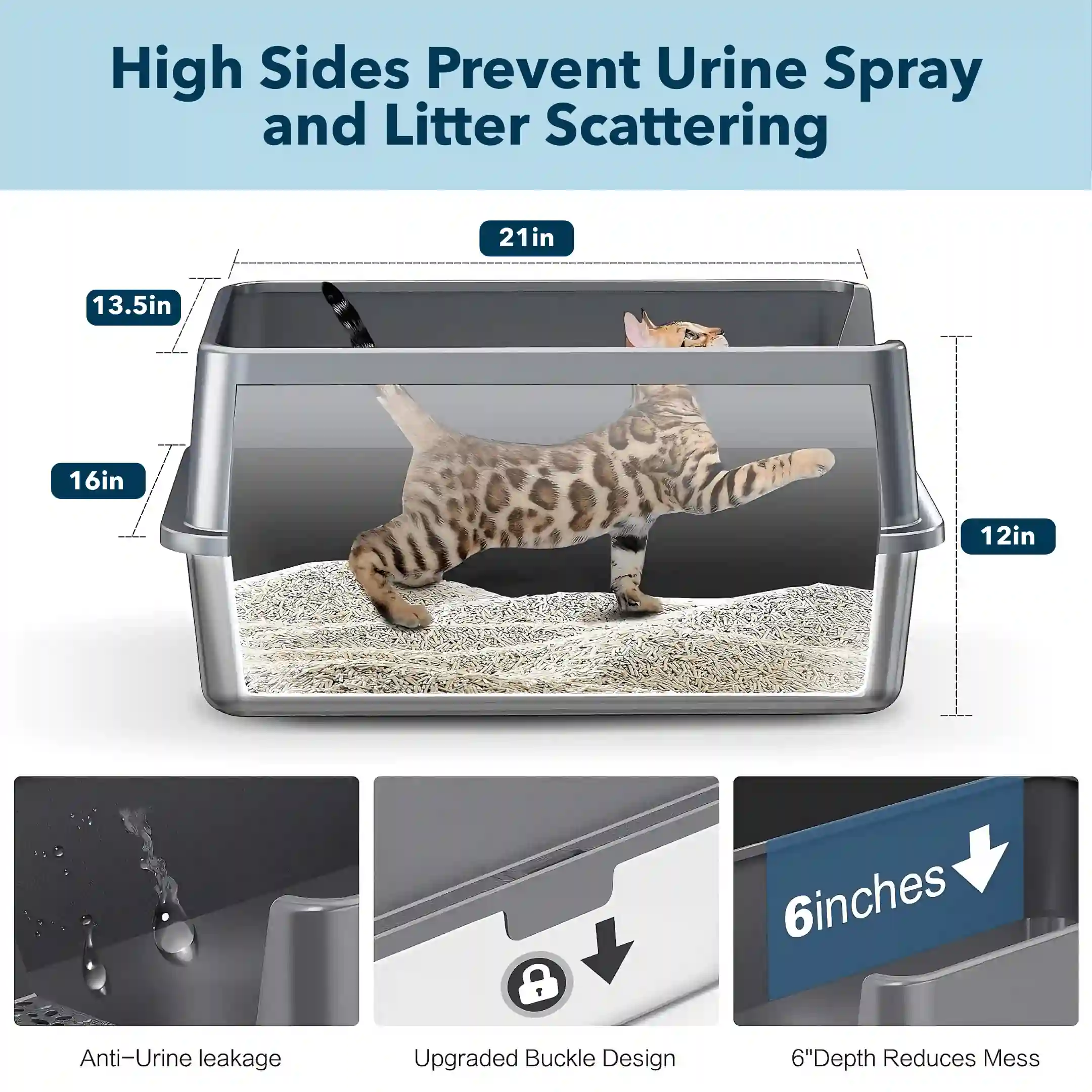 XXL Stainless Steel Cat Litter Box with Lid – High Sides, Low Entry, Easy to Clean, Odor-Free, Anti-Leak | Buy 2 & Save $10 - Image 2